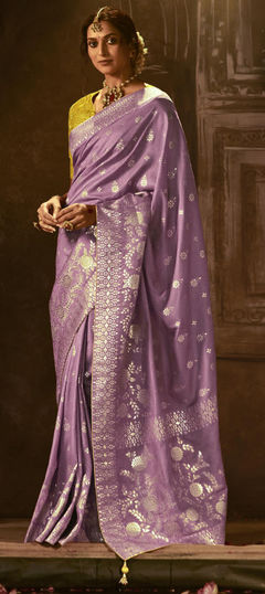 Purple and Violet color Saree in Dolla Silk, Silk fabric with Printed, Weaving, Zari work