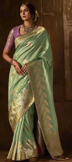 Green color Saree in Dolla Silk, Silk fabric with Printed, Weaving, Zari work