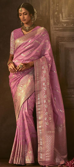 Pink and Majenta color Saree in Dolla Silk, Silk fabric with Printed, Weaving, Zari work