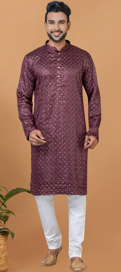 Red and Maroon color Kurta Pyjamas in Art Silk fabric with Embroidered, Sequence, Thread work