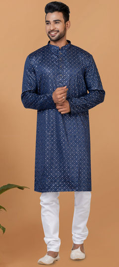 Blue color Kurta Pyjamas in Art Silk fabric with Embroidered, Sequence, Thread work