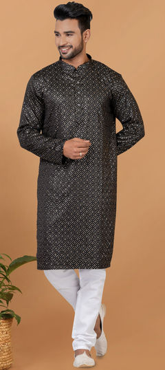 Black and Grey color Kurta Pyjamas in Art Silk fabric with Embroidered, Sequence, Thread work