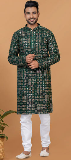 Green color Kurta Pyjamas in Georgette fabric with Embroidered, Sequence, Thread work