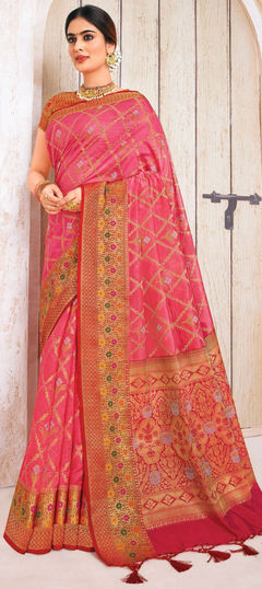 Pink and Majenta color Saree in Art Silk, Silk fabric with Weaving work