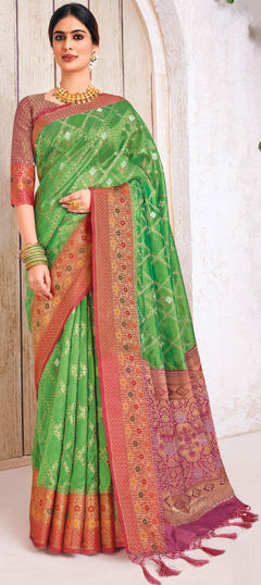 Green color Saree in Art Silk, Silk fabric with Weaving work