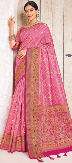 Pink and Majenta color Saree in Art Silk, Silk fabric with Weaving work