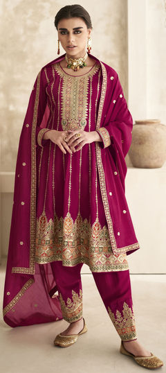 Red and Maroon color Salwar Kameez in Silk fabric with Embroidered, Sequence, Thread, Zari work