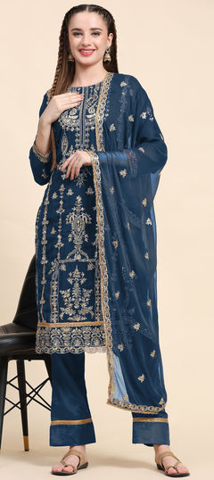 Blue color Salwar Kameez in Faux Georgette fabric with Embroidered, Resham, Thread work