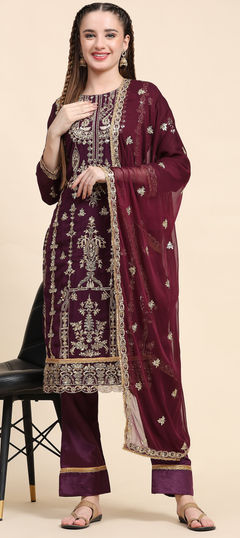 Purple and Violet color Salwar Kameez in Faux Georgette fabric with Embroidered, Resham, Thread work