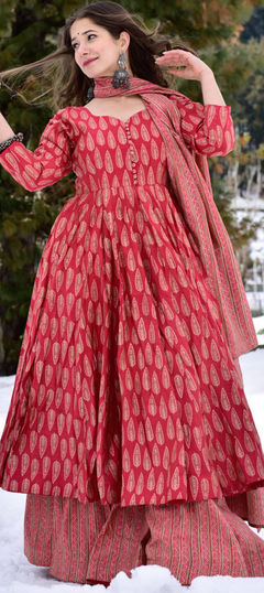 Red and Maroon color Salwar Kameez in Muslin fabric with Digital Print work