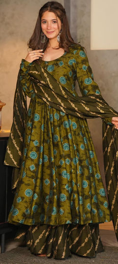 Green color Salwar Kameez in Muslin fabric with Digital Print work