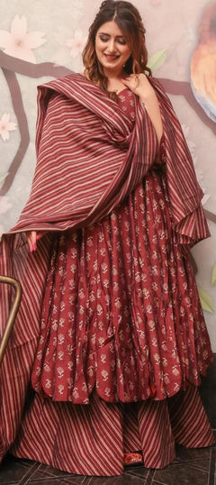 Red and Maroon color Salwar Kameez in Muslin fabric with Digital Print work