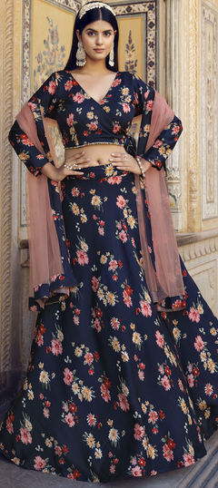 Blue color Lehenga in Crushed Silk fabric with Floral, Printed work