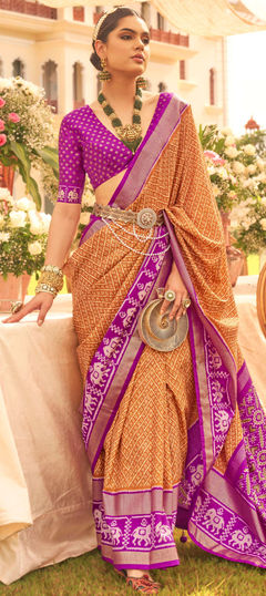 Festive, Traditional Beige and Brown color Saree in Art Silk, Silk fabric with South Printed work : 1909659