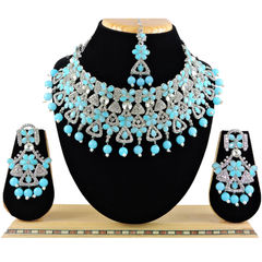Silver Rodium Polish Blue color Necklace in Metal Alloy studded with CZ Diamond, Kundan, Pearl
