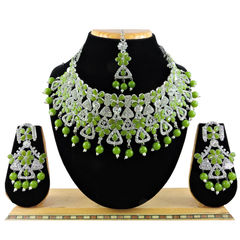 Silver Rodium Polish Green color Necklace in Metal Alloy studded with CZ Diamond, Kundan, Pearl
