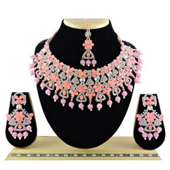 Gold Rodium Polish Pink and Majenta color Necklace in Metal Alloy studded with CZ Diamond, Kundan, Pearl