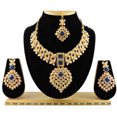 Gold Rodium Polish Blue color Necklace in Metal Alloy studded with CZ Diamond, Kundan