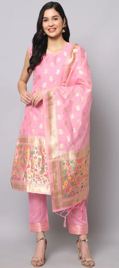 Pink and Majenta color Salwar Kameez in Cotton, Silk fabric with Weaving work