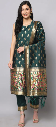 Green color Salwar Kameez in Cotton, Silk fabric with Weaving work