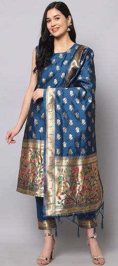 Blue color Salwar Kameez in Cotton, Silk fabric with Weaving work