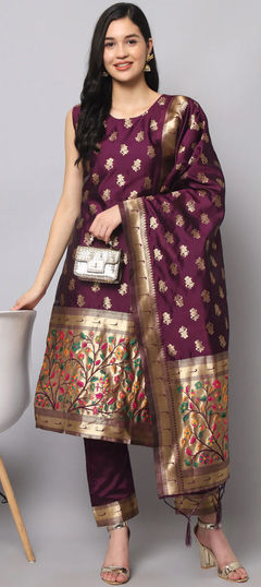 Purple and Violet color Salwar Kameez in Cotton, Silk fabric with Weaving work