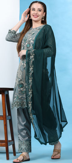 Green color Salwar Kameez in Faux Georgette fabric with Embroidered, Sequence, Thread work