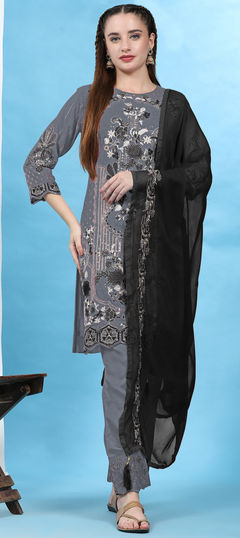 Black and Grey color Salwar Kameez in Faux Georgette fabric with Embroidered, Sequence, Thread work