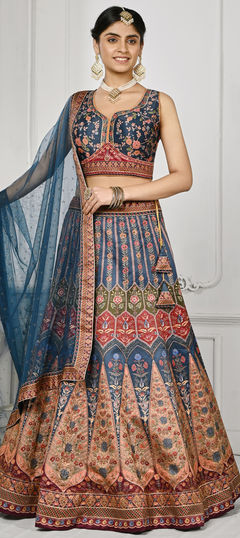 Multicolor color Lehenga in Satin Silk fabric with Digital Print, Floral work