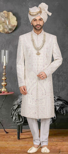 Party Wear, Reception, Wedding White and Off White color Sherwani in Jacquard fabric with Bugle Beads, Embroidered, Resham, Thread work : 1910342