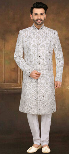 White and Off White color Sherwani in Jacquard fabric with Embroidered, Stone, Thread work