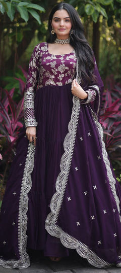 Festive, Party Wear, Reception Purple and Violet color Gown in Georgette fabric with Embroidered, Resham, Sequence work : 1910356