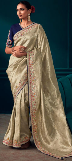 White and Off White color Saree in Banarasi Silk, Silk fabric with Embroidered, Resham, Sequence, Thread, Zari work