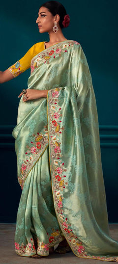 Green color Saree in Banarasi Silk, Silk fabric with Embroidered, Resham, Sequence, Thread, Zari work