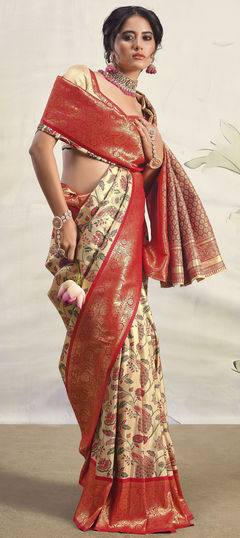 Beige and Brown color Saree in Silk fabric with Weaving, Zari work