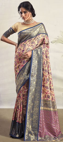 Beige and Brown color Saree in Silk fabric with Weaving, Zari work