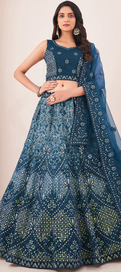 Bridal, Wedding Blue color Lehenga in Net fabric with Flared Sequence, Thread, Zircon work : 1910439