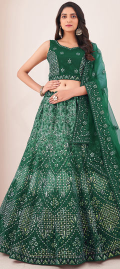 Bridal, Wedding Green color Lehenga in Net fabric with Flared Sequence, Thread, Zircon work : 1910440