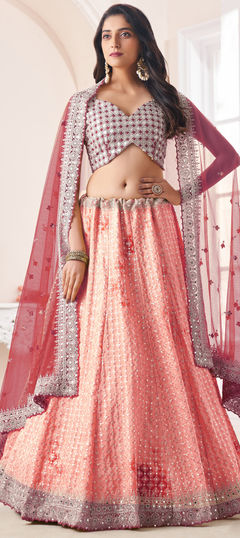 Bridal, Wedding Pink and Majenta color Lehenga in Georgette fabric with Flared Sequence, Thread, Zircon work : 1910441