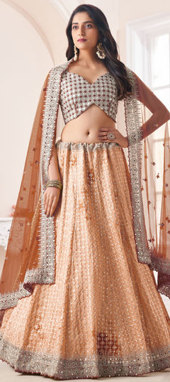 Bridal, Wedding Beige and Brown color Lehenga in Georgette fabric with Flared Sequence, Thread, Zircon work : 1910452