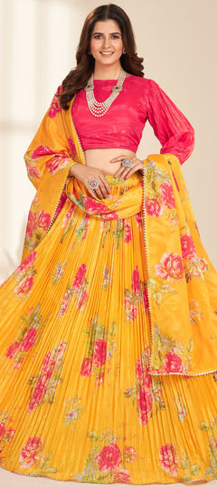 Yellow color Ready to Wear Lehenga in Organza Silk fabric with Digital Print, Floral work