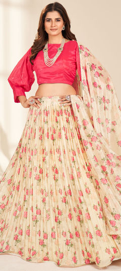 Beige and Brown color Ready to Wear Lehenga in Organza Silk fabric with Digital Print, Floral work