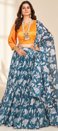 Blue color Ready to Wear Lehenga in Organza Silk fabric with Digital Print, Floral work