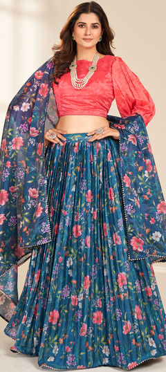 Blue color Ready to Wear Lehenga in Organza Silk fabric with Digital Print, Floral work