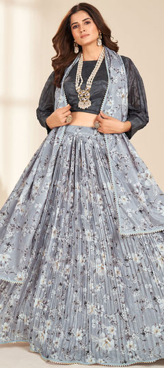 Black and Grey color Ready to Wear Lehenga in Organza Silk fabric with Digital Print, Floral work