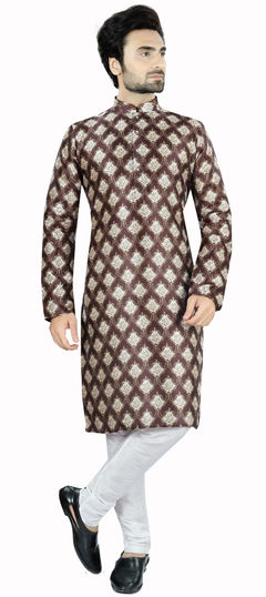 Beige and Brown color Kurta Pyjamas in Cotton, Rayon fabric with Printed work