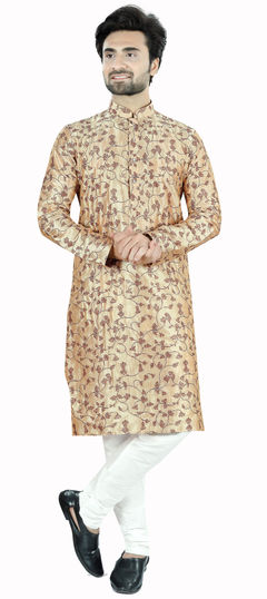 Beige and Brown color Kurta Pyjamas in Jacquard fabric with Printed work