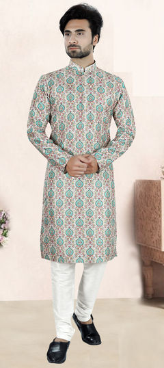 White and Off White color Kurta Pyjamas in Cotton, Rayon fabric with Floral, Printed work