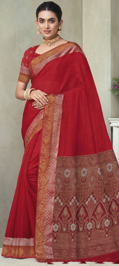 Party Wear, Traditional Red and Maroon color Saree in Silk, Tussar Silk fabric with Classic, South Printed work : 1910585