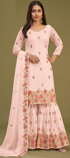 Pink and Majenta color Salwar Kameez in Georgette fabric with Embroidered, Resham, Sequence, Thread work